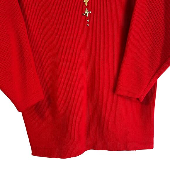 Sweater VTG Red OS Embroidered Jewels Embellished Rib Knit Holiday Casual USA - Picture 4 of 8